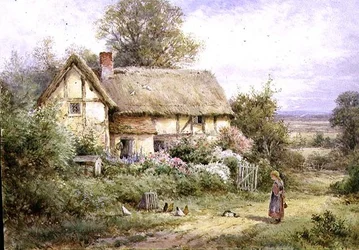 Karmienie zwierzaków babci (akwarela i gwasz na papierze)