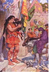 Flibbertigibbet przebrany za diabła uspokaja olbrzyma, gdy Wayland przyprowadza Amy do zamku Kenilworth, ilustracja z Kenilworth, ok. 1910