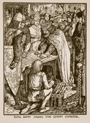 Król Jan śpiewa Wielką Kartę, ilustracja z "Historii Anglii" C.R.L. Fletchera i Rudyarda Kiplinga, 1911 r.