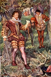 Leicester chwyta list od swojej żony Amy, opowiadający o spisku Varneya, by ją otruć, ilustracja z „Kenilworth” Sir Waltera Scotta, opublikowana w 1912 roku (kolor lito)