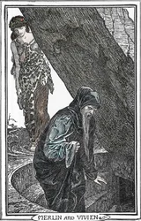 Przedstawienie Merlina Zaklinacza i Fee Viviane (Merlin anc Vivien) Ilustracja: Henry Justice (HJ) Ford (1860-1941) z „Księgi romansów”” 1902 Kolekcja privee