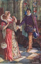 Spotkanie Amy i Tresilian w Cumnor Place, ilustracja z "Kenilworth", ok. 1910 (kolor lito)