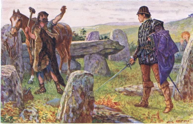 Tresilian konfrontuje się z tajemniczym kowalem, ilustracja z Kenilworth, ok. 1910