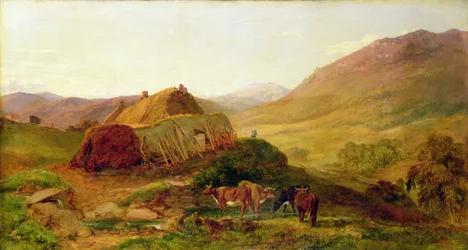 Wieczór: Cottages on the Braeside near Castletown, Braemar, ok. 1860 (olej na płótnie)