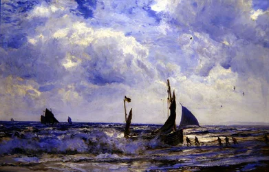 Holowanie łodzi (olej na płótnie)