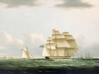 Jacht "Royal Sovereign" z księżną Clarence na pokładzie, opuszczający Portsmouth w celu obejrzenia rosyjskiej eskadry zakotwiczonej w Spithead, 8 sierpnia 1827 r., ok. 1830 r. (olej na płótnie, rama)
