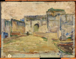 Scena uliczna, Tanger (architektura z krenelażem)