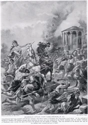 Atak Boadicei na Camulodunum, ilustracja z „Historii Narodów Hutchinsona”, c.1910