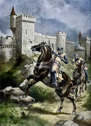 Oblężenie Châlus, ilustracja z „Historii narodu brytyjskiego Hutchinsona”, około 1920 (późniejsze kolorowanie)