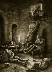 Ucieczka Ralpha Flambarda z Tower, ilustracja z „Historii narodu brytyjskiego Hutchinsona“, około 1920