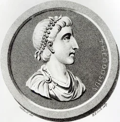 Portret Teodozjusza, z „Historii upadku i upadku Cesarstwa Rzymskiego”, tom 9, strona 139, autorstwa Edwarda Gibbona, 1808