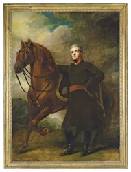 Portret Aleksandra Douglasa-Hamiltona, 10. księcia Hamilton i 7. księcia Brandon, pełnometrażowy, w mundurze, ze swoim arabskim rumakiem, w krajobrazie
