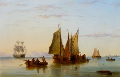Łodzie rybackie i inne statki na Skaldzie niedaleko Rotterdamu, 1852 r.
