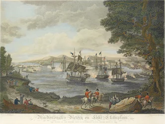 Zwycięstwo MacDonougha nad jeziorem Champlain i klęska armii brytyjskiej pod Plattsburgiem przez Genla Macomba, 11 września 1814 r., ryty B. Tanne, 1816