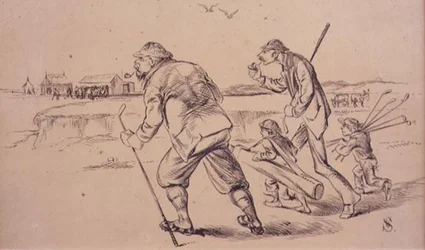 Golfiści udają się do Practice on the Beach, ilustracja z magazynu „Graphic”, pub. c.1870 (lito)