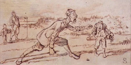 Krzycząc do Caddie, ilustracja z magazynu „Graphic”, wyd. c.1870 (lito)