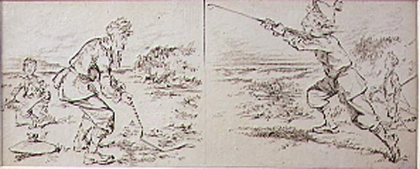 Golfer zakłócony przez wietrzny podmuch, ilustracja z magazynu „Graphic”, wyd. c.1870 (lito)