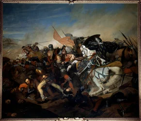 Widok na bitwę pod Kassel 23.08.1328, zwycięstwo Filipa VI Walezego nad armią flamandzką Obraz Henryka Scheffera (1798-1862) 1837 nd. 4,65x5,43 m wersal, muzeum zamku