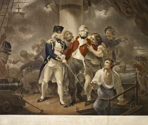 Kapitan Trollope w Glatton z 54 karronad. Walka z francuską eskadrą 8 okrętów wojennych z 230 działami, grawerowane przez Jamesa Daniella, 1797 (mezzotinta)