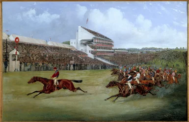 Wyścigi konne: „Gladiator przybył w 1865 r.” Obraz Henri Alkena (1774-1850) 1865 Paryż. Zachęcanie społeczeństwa