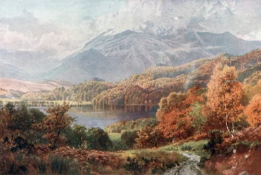 Loch Achray i Ben Venue, Perthshire (kolorowa litografia)