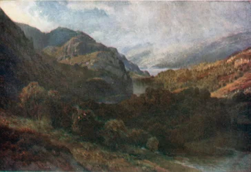 Wypływ z Loch Katrine, Perthshire (kolorowa litografia)