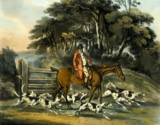Wychodząc, z „Polowanie na lisy”, ryty przez Thomasa Sutherlanda (1785-1838) 1817 (kolor lito)