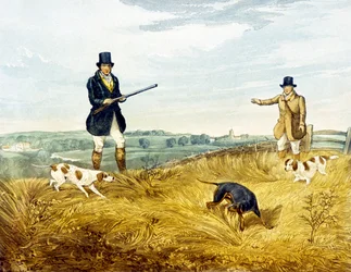 Pistolet i ładowacz, tabliczka z „Strzelania kuropatwy”, grawerowana przez Josepha Claytona Bentleya (1809-51) 1794 (kolor grawerowany)
