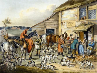 Orzeźwienie z „Polowania na lisy”, grawerowane przez Thomasa Sutherlanda (1785-1838) (kolor lito)