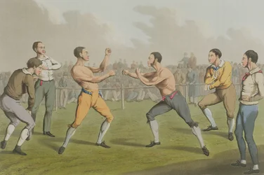 Walka bokserska o nagrodę, akwatinta I. Clarka, wydana przez Thomasa McLeana, 1820