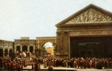 Zawodnicy na scenie w Oberammergau Passion Play, 1922.