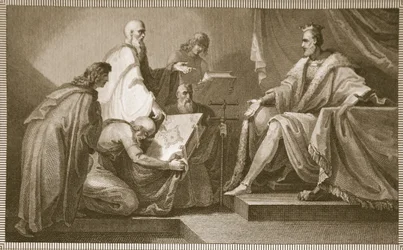 Doomsday Book podarowana Wilhelmowi I, rytowana przez J. Fittlera, ilustracja z „Historii Anglii” Davida Hume