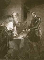 Hrabia Warenne uzasadniający tytuły własności swoich posiadłości, rycina J. Fittlera, ilustracja z "Historii Anglii" Davida Hume