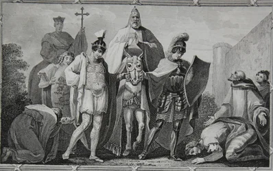 Henry i Lewis prowadzący papieża do zamku Torci, rycina Saundersa, ilustracja z "Historii Anglii" Davida Hume