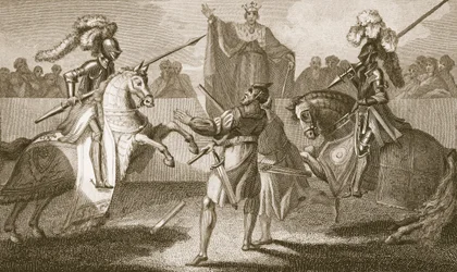 Ryszard II zawieszający pojedynek Hereford i Norfolk, ilustracja z „Historii Anglii” Davida Hume