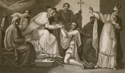 Złożenie Johna, grawerowane przez Delatre, ilustracja z „Historii Anglii” Davida Hume