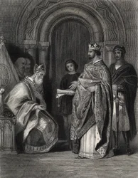 Henryk II przedstawiający bullę papieską arcybiskupowi Cashel, rytowany przez G. Greatbach