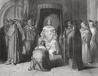 Król Ryszard II pasujący na rycerzy królów Connaught, Ulster, Thomond i Leinster w 1394 r., „Historia Irlandii” Thomasa Wrighta, opublikowana ok. 1854 r.