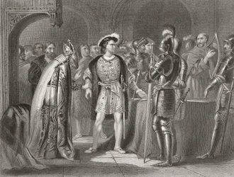 Lord Thomas Fitzgerald wyrzeka się wierności Henrykowi VIII w 1534 r., z „Historii Irlandii” Thomasa Wrighta, opublikowanej ok. 1854 r.