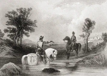 Spotkanie hrabiego Essex i hrabiego Tyrone w hrabstwie Louth w Irlandii w 1599 r., z „Historii Irlandii” Thomasa Wrighta, opublikowanej ok. 1854 r.