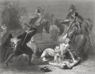 Zabójstwo lorda Kilwardena przez rebeliantów Roberta Emmeta w Dublinie w Irlandii, 1803, z „Historii Irlandii” Thomasa Wrighta, opublikowanej ok. 1854 roku