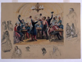 Scena w Cafe du Commerce Valetta, „Umierając za ojczyznę”, Malta, 1854 (wc i ołówek na papierze)