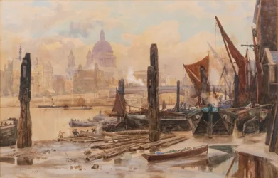 Zacumowane barki na Tamizie; St Pauls i most Blackfriars w oddali