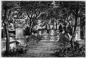 Groby jezuity Matteo Ricciego (1552-1610) i Adama Schalla von Bella (1592-1666) w Pekinie (Pekin) w latach 1870. Rycina wg rysunku Catenacciego, wg fotografii Thomsona, w „” Le Tour du Monde , Nouveau journal des Voyages””, pod redakcją