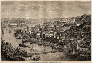 Widok Porto, rysunek Catenacciego, ilustrujący podróż Oliviera Mersona do północnych prowincji Portugalii w 1857 r. Rycina w „”Le tour du monde”” 1861. Kolekcja Selvy.
