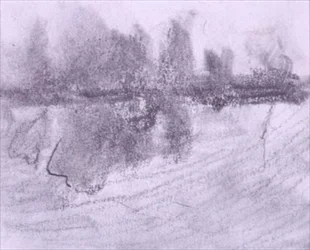 Grupa drzew odbita w wodzie (pastel i pranie na papierze)
