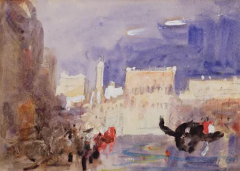Pałac Dożów i Piazetta z Across the Bacino di San Marco (czarna kreda i akwarela z białym podwyższeniem)