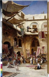 Sprzedawca dywanów na ulicach dzielnicy Stambuł w Stambule. Indyk. Obraz Hermana Davida Salomona Corrodi (1844-1905) cm 110x81 Olej na płótnie Obowiązkowa wzmianka: Kolekcja fundacja poważania Prowansji Marsylia