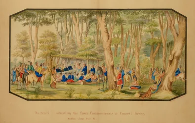 Sa-tan-ti przemawiający do komisarzy pokoju w Council Grove, Medicine Lodge Creek, 1867.