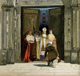 Wyrzeczenie Henryka IV (1553-1610) w opactwie Saint Denis w obecności łuku Bourges, Renaud de Beaune (1527-1606). Król wyrzekł się protestantyzmu 25 lipca 1593 r. Ilustracja Hermanna Vogla (1856-1918) w „”Henri IV””